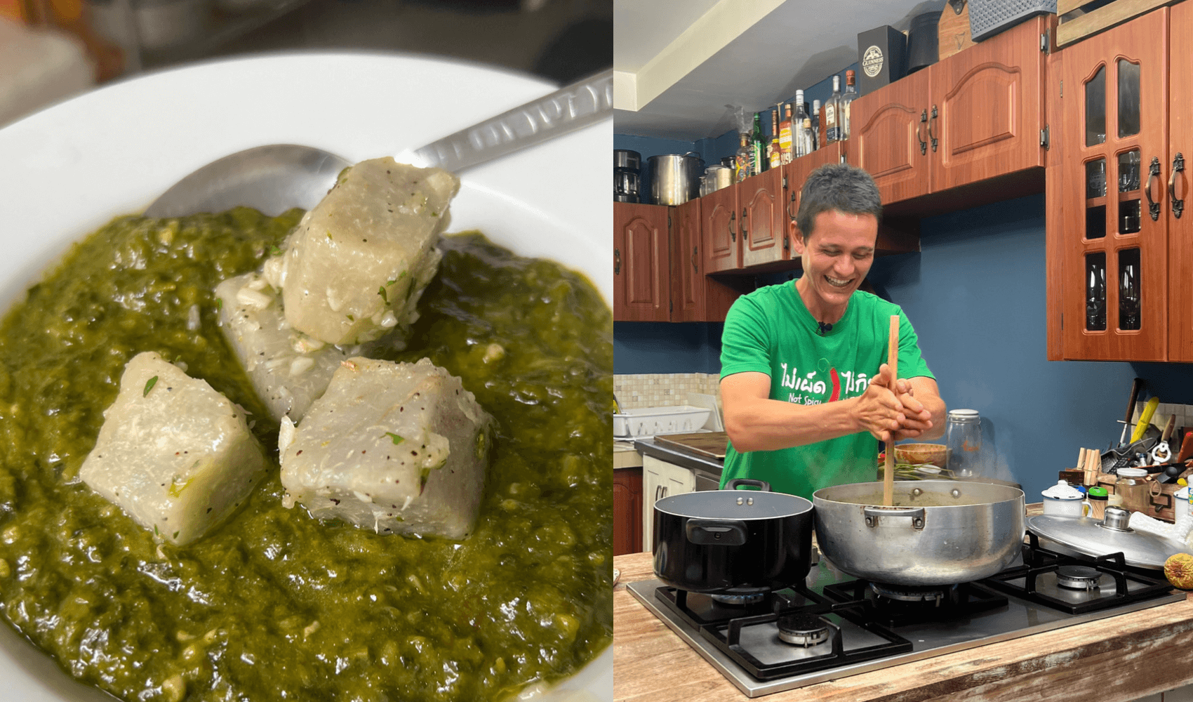 Mark Wiens swizzling Callaloo (Dasheen) in Trinidad with Eatahfood (also known as taro leaves)